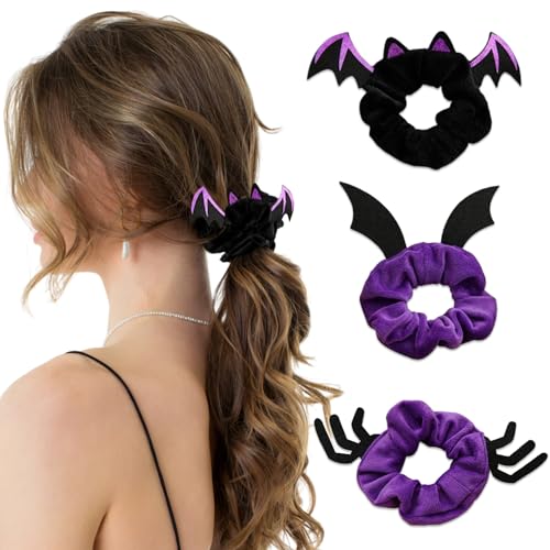 Halloween Scrunchies Gothic Spider Bat Hair Elastic Ponytail Holders 3Pcs