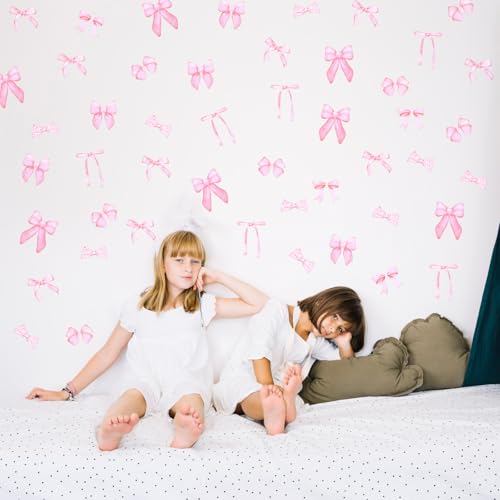 56 Pcs Pink Bow Wall Stickers - Watercolor Aesthetic Decor