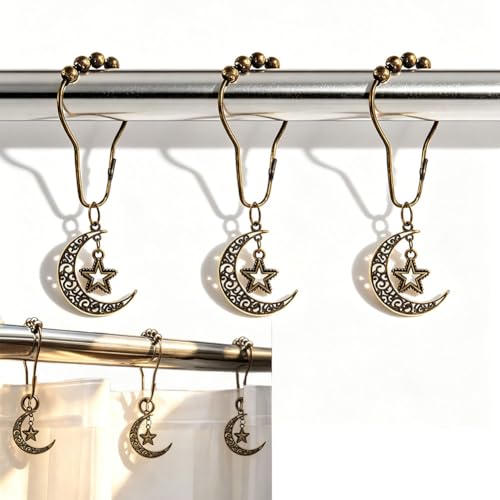 Celestial Moon and Stars Shower Curtain Hooks - 12 Pcs Bronze Set