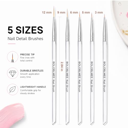 BOLOBLMEE 5PCS Nail Liner Brushes Set - Ultra-Fine Detail Nail Art Brushes with Crystal Clear Handle