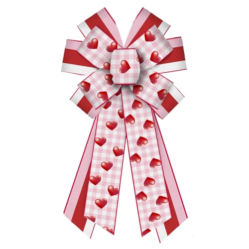 Large Valentine's Day Heart Bow - Pink White Buffalo Plaid & Red Stripe