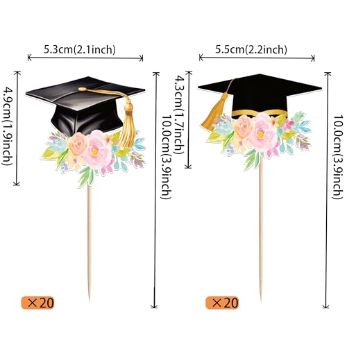40 PCS Graduation Cap Cupcake Toppers for Class of 2026