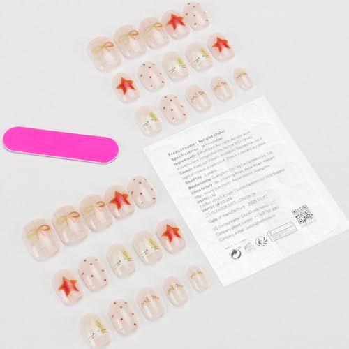 Short Round Press On Nails Creamy White Glossy Bow Star Fake Nails Kit