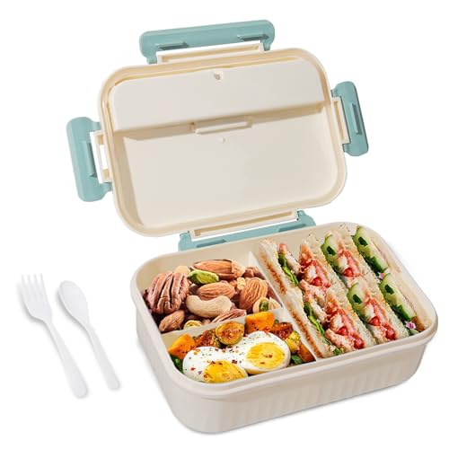 AYauGamA Bento Box - 3-Compartment Adult Lunch Box, 1800ml, BPA-Free, Microwave & Dishwasher Safe, Includes Spoon & Fork (Blue)