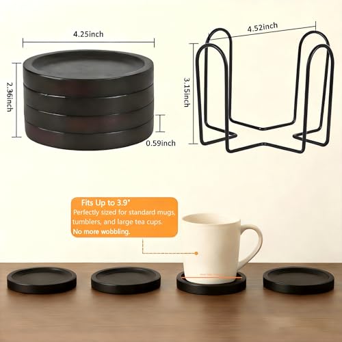 Rubberwood Coasters Set of 4 with Holder - Minimalist Table Decor