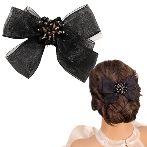 Pearl Flower Bow Hair Clip with Tulle and Crystals Black