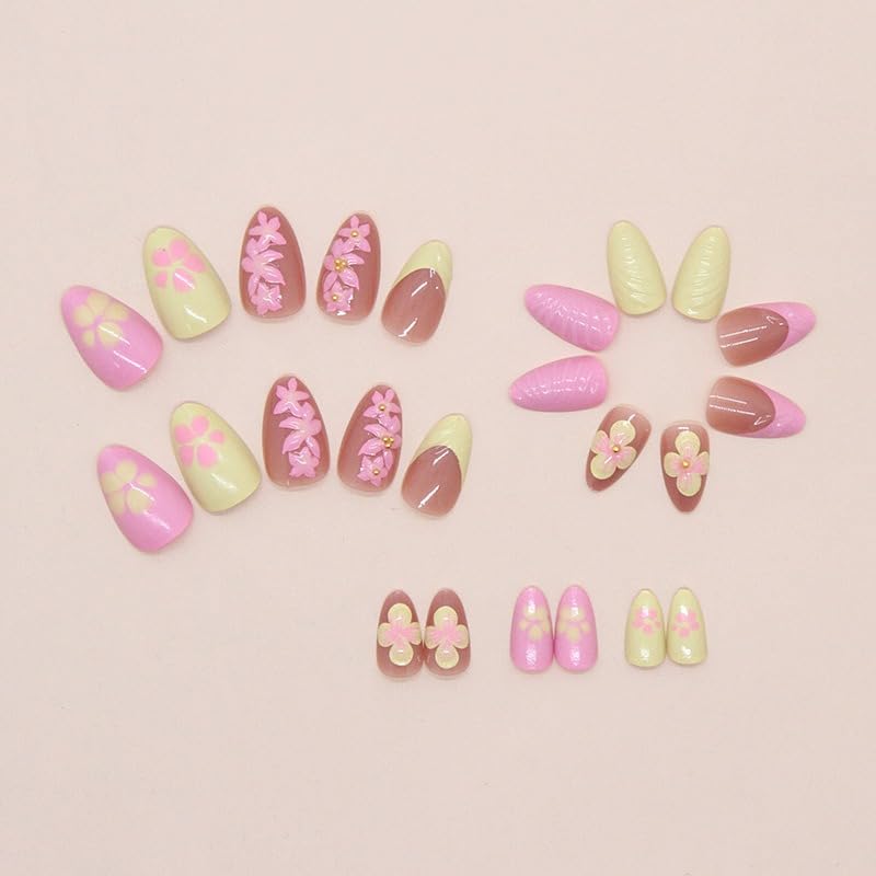 Short Almond Press On Nails with Floral French Design Acrylic Fake Nails