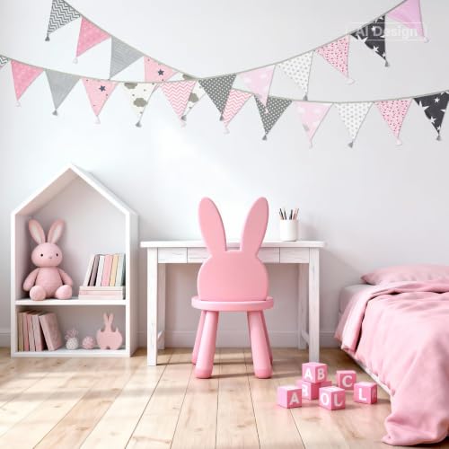 10.8ft Cotton Triangle Bunting Banner - 12 Pink & Grey Flags