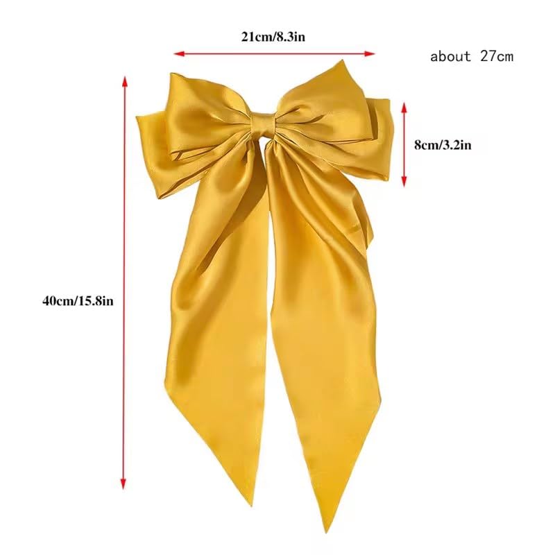 Jumbo Yellow Satin Hair Bow Clip with Long Tails French Barrette
