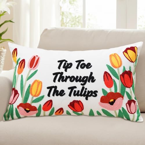 Embroidered Flower Tulip Pillow Cover 12x20 Inch for Home Decor