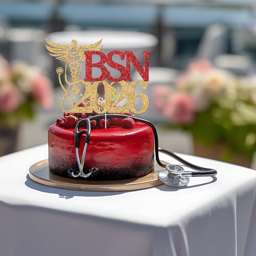 BSN 2026 Graduation Cake Topper Gold And Red Glitter Nursing School