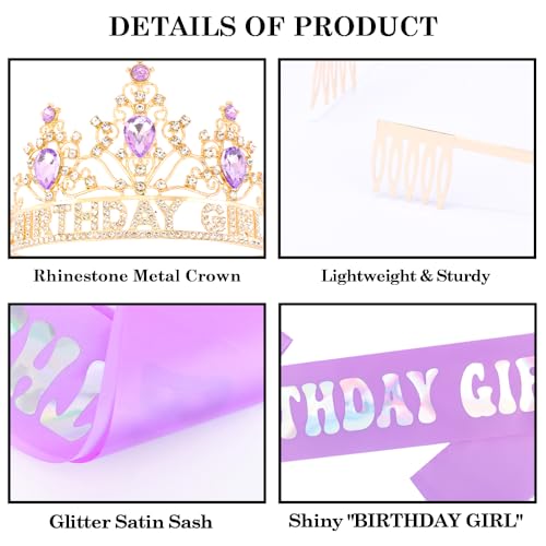 Birthday Girl Crown and Sash Set - Purple Rhinestone Tiara & Glitter Sash