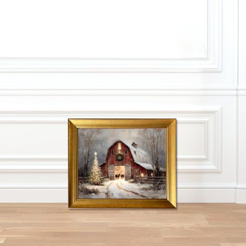 Vintage Christmas Wall Art Canvas Print - Red Barn Snow Scene, Framed 16x12 Inches