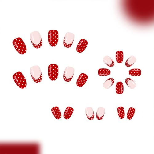 Red French Tip Press on Nails Short Oval Fake Nails with White Polka Dots