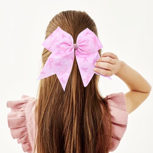 Breast Cancer Awareness Cheer Bows - 7 Inch Pink Ribbon Hair Bows (2 Pack)