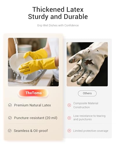 ThxToms Heavy Duty Rubber Cleaning Gloves, 20 Mil Extra Thick, Large, 3 Pairs