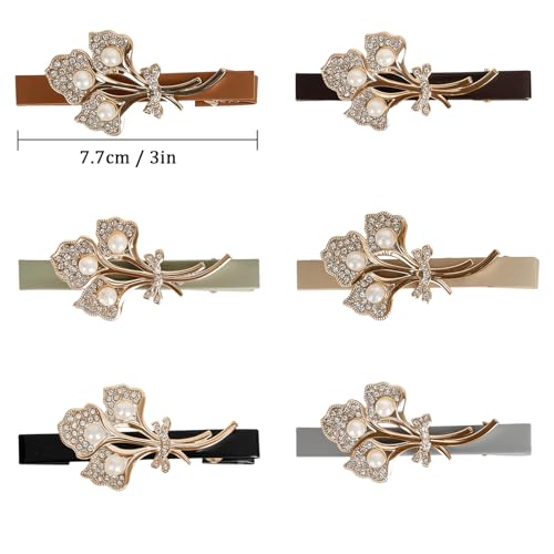 JessLab PU Leather Rhinestone Hair Barrettes, 6 Pcs Matte Leaf Clips