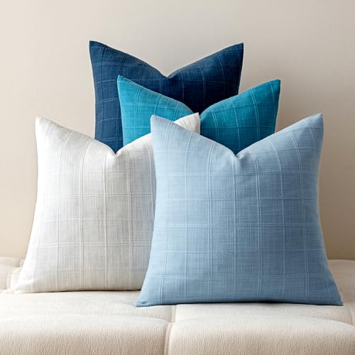 Set of 4 Blue Decorative Pillow Covers 18x18 Inch - Plaid Design