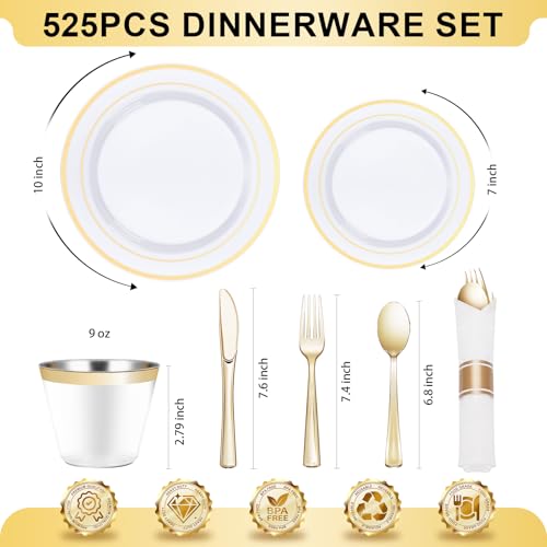 Gold Plastic Dinnerware Set for 75 Guests - 525 Pieces, Disposable & Elegant