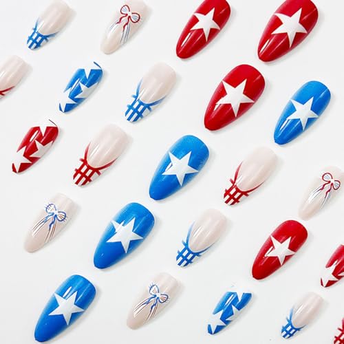 Sutaozhi 4th of July Press on Nails Medium Almond French Tip False Nails