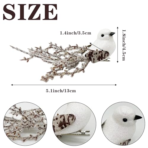12pcs White Glitter Birds Clip-On Christmas Tree Decorations Winter Wreath Crafts