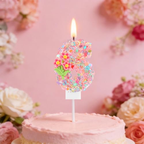 Floral Number 6 Birthday Candle - Pink Flower Cake Topper