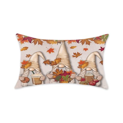 ONWAY Fall Maple Leaves Gnome Lumbar Pillow Cover 12x20 Gray Autumn Decor