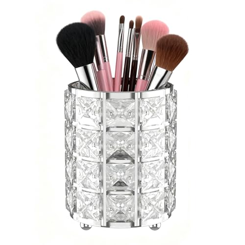 Elegant Makeup Brush Holder with Silver Crystal Bling - Stylish Vanity Organizer