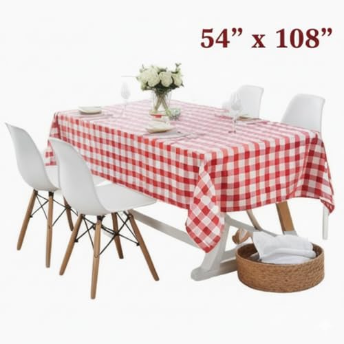 Gingham Disposable Plastic Tablecloth - 54 x 108 Inches, Red