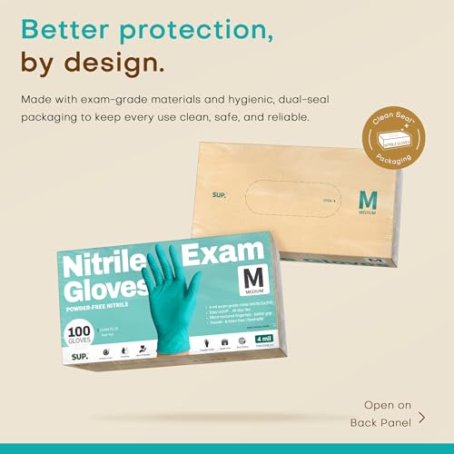SUP Nitrile Exam Gloves - Powder-Free Disposable Gloves, Medium, Reef Teal