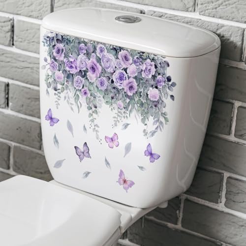 Purple Rose & Butterfly Bathroom Stickers - Waterproof Removable Decals