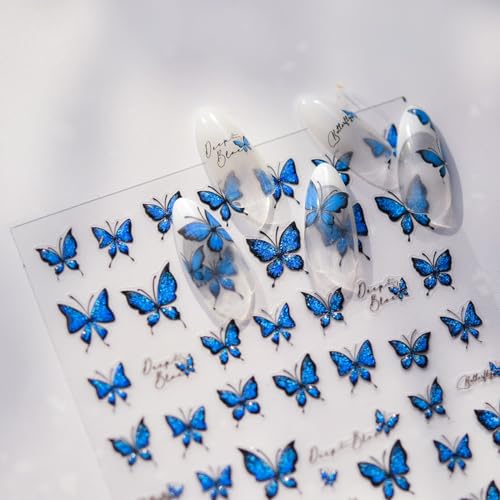 LIFOOST 5D Embossed Blue Butterfly Nail Stickers Glitter Decals DIY Manicure