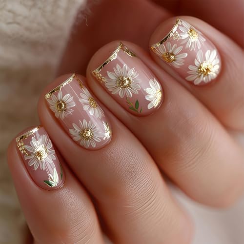 Short Square Press on Nails Cute Daisy Flower Glossy Fake Nails 24Pcs