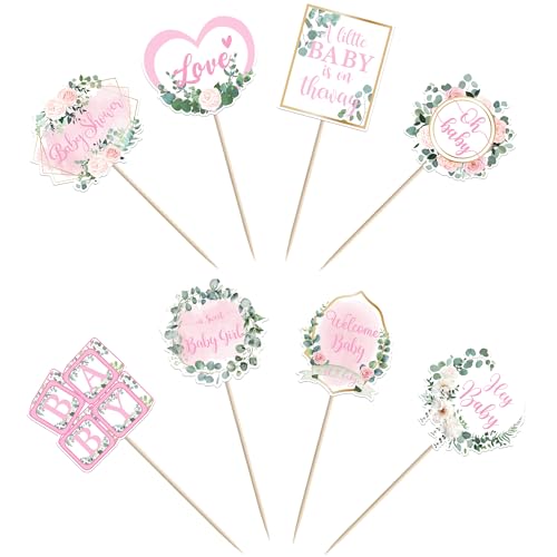 40 Pack Hey Little Girl Baby Shower Cupcake Toppers, Pink Theme Picks