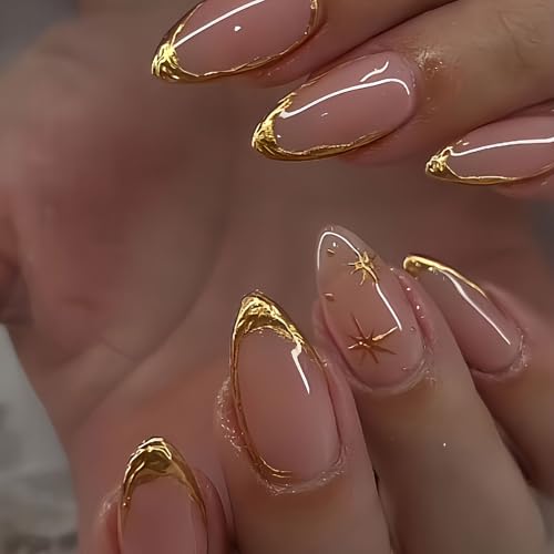 Nude Gold French Star Press On Nails Almond Glossy False Nails