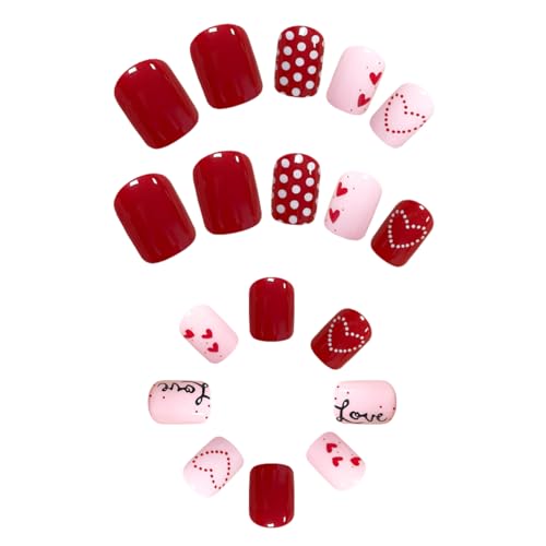 Valentine Heart Press On Nails Short Square Acrylic False Nails