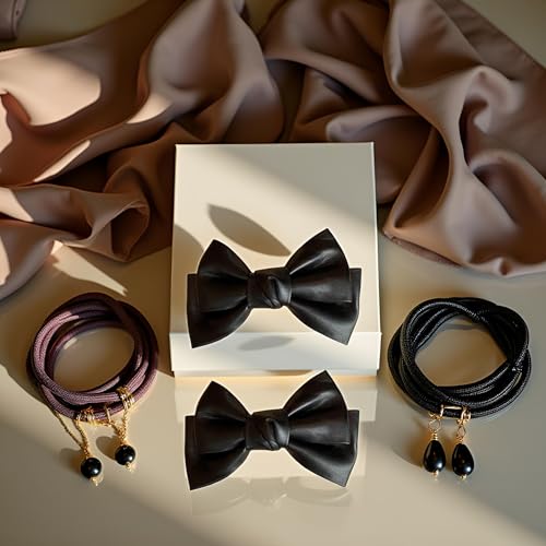 Black PU Leather Bow Hair Clip Set - 2 Pcs Korean Style Duckbill Barrette