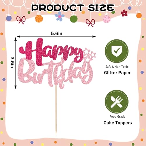 Pink Glitter Happy Birthday Cake Topper for Girls - 5.6x3.5in