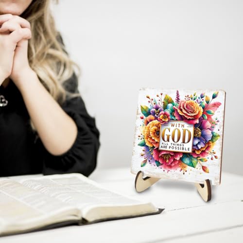 Inspirational Floral Wood Sign for Desk Decor - 5.1" Christian Gift