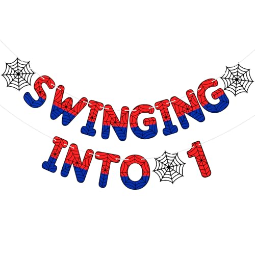 Spider Birthday Banner for 1st Birthday Party - Swinging into 1, Red & Blue