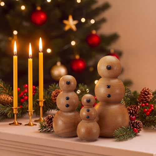3 Pcs Wooden Snowman Christmas Decorations Handcrafted Rustic Figurines - 7.5'', 5.6'', 4.2''