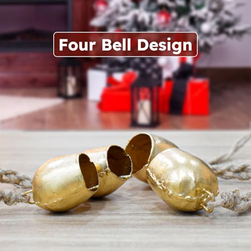 Christmas Hanging Large Cow Bells - Rustic Golden Metal Bells for Farmhouse, Garden & Holiday Décor (Medium Rope Set 4)