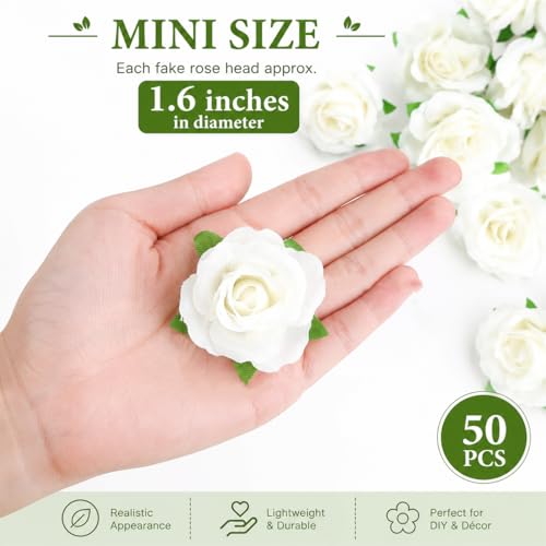 Kesote 50Pcs Mini Ivory Artificial Rose Heads - 1.6" Silk Flowers for Crafts & Decor
