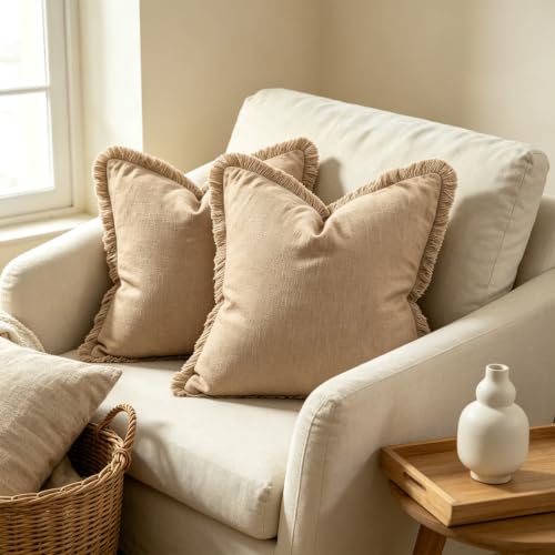Fringe Throw Pillow Covers, 18x18 Inch Baby Brown Cotton Linen, Set of 2