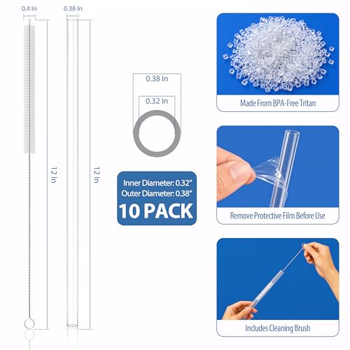 10 Pack Reusable Straws for Stanley Quencher Tumblers - 12 Inch BPA-Free