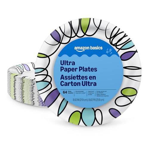 Amazon Basics Ultra Disposable Paper Plates, 8.62 Inch, 64 Count