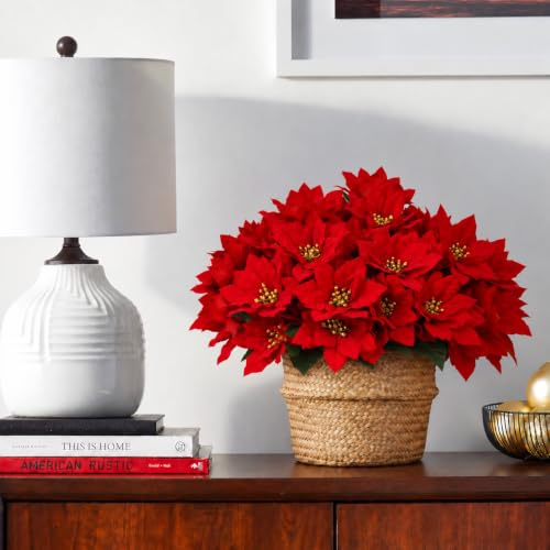 12 pcs 13-inch Velvet Artificial Poinsettia Bushes with Gold Centre - Christmas Decor, Red/Gold Variation