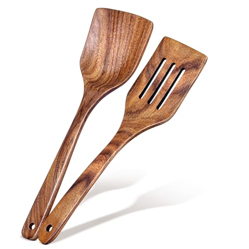 2Pcs Acacia Wooden Spatula Set - Solid & Slotted Turner Utensils