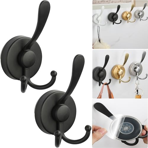 No-Drill Suction Cup Hooks - Heavy Duty Stainless Steel Towel Holder (2 Pcs, Matte Black)