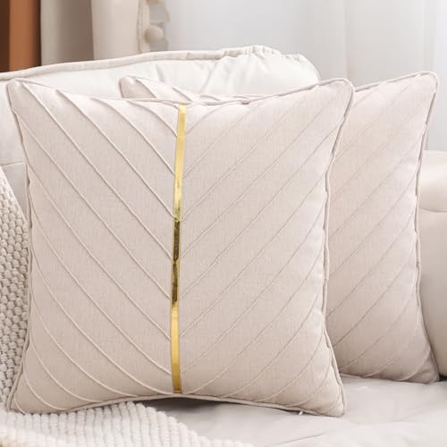 LUOYEHK Beige Linen Throw Pillow Covers Set of 2 18x18 Inch Modern Luxury Cushion Covers with Gold Leather Accent